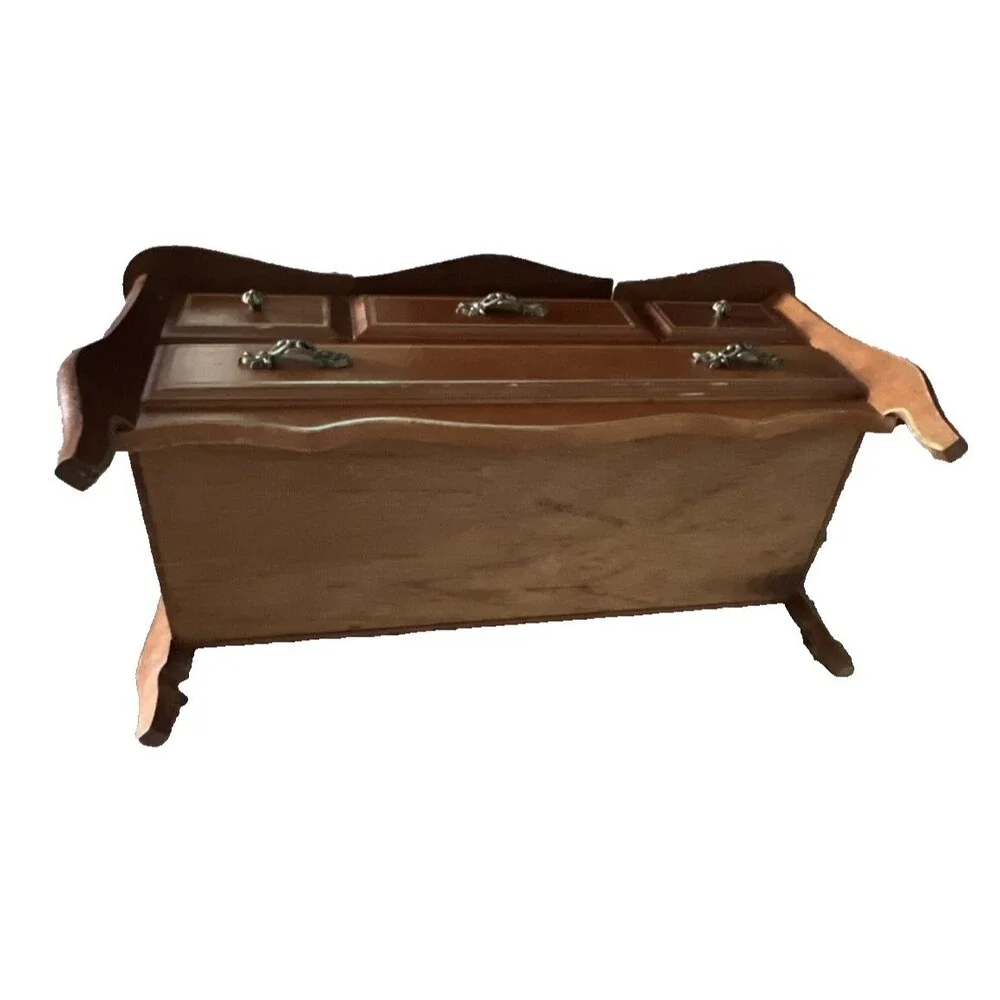 Vintage Mid Century Musical Wooden Jewelry Box, Drawers, Mirror, Velvet Lined